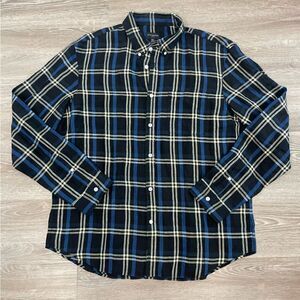 Club Monaco Navy Blue Plaid Button Up Linen Slim Fit Shirt XL